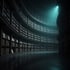 Shelves of records and sheet music curving into the depth of a dark archive