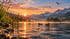 Enten schwimmen auf einem nebligen Bergsee bei Sonnenaufgang mit schneebedeckten Gipfeln und fliegenden Vögeln im Hintergrund.
