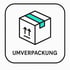 Verpackungskarton mit nach oben zeigenden Pfeilen und türkisfarbenem Klebeband, darunter der Text "UMVERPACKUNG".
