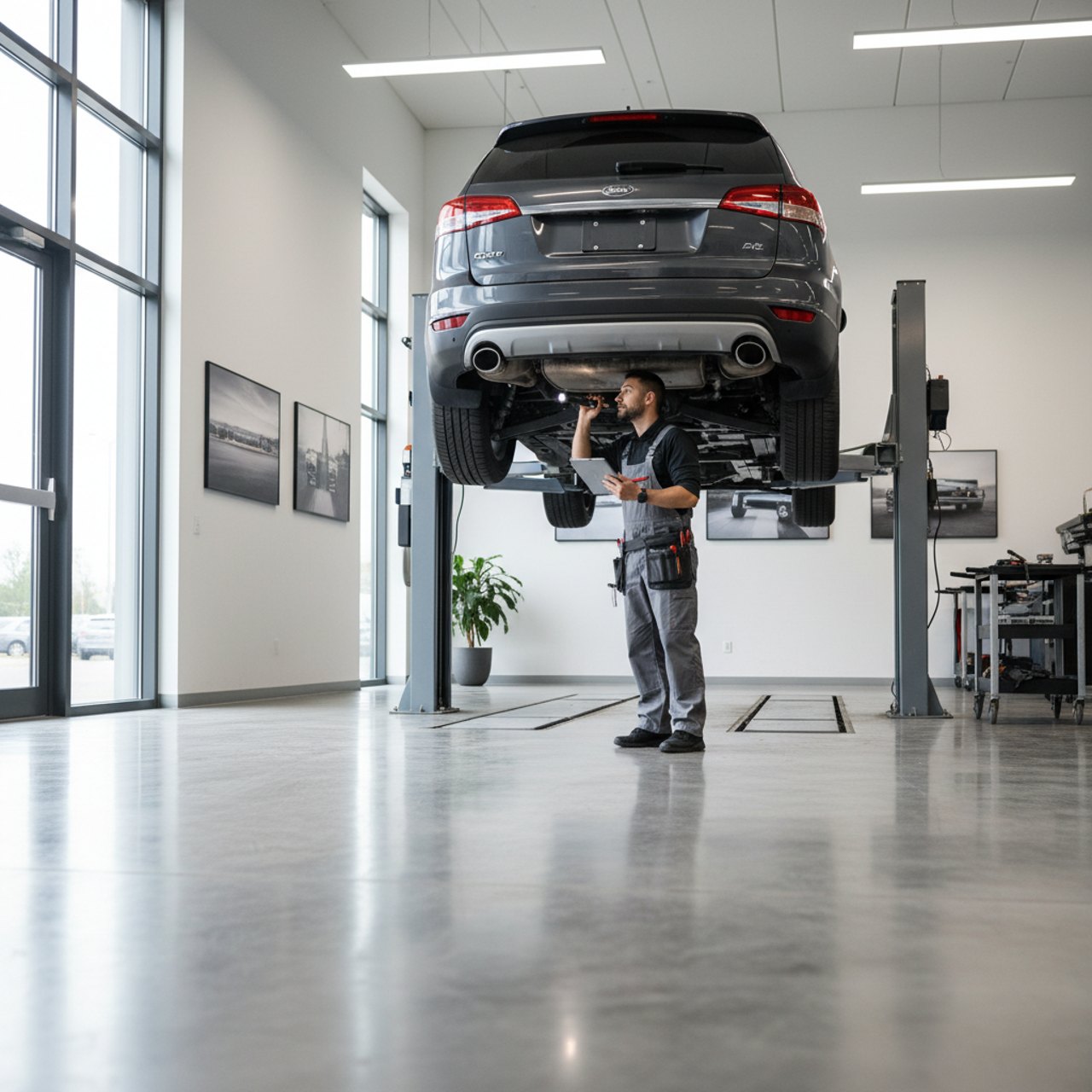 Mechaniker arbeitet an einem aufgebockten Auto in einer Werkstatt
