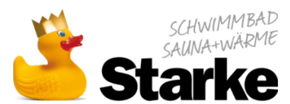 Gelbe Gummiente mit goldener Krone neben „Starke SCHWIMMBAD SAUNA+WÄRME" Schriftzug.