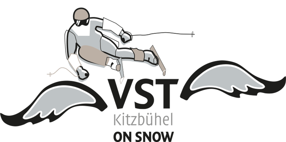 Skifahrer in Abfahrtspose, daneben Text "VST Kitzbühel ON SNOW" auf dunkelgrünem Hintergrund.