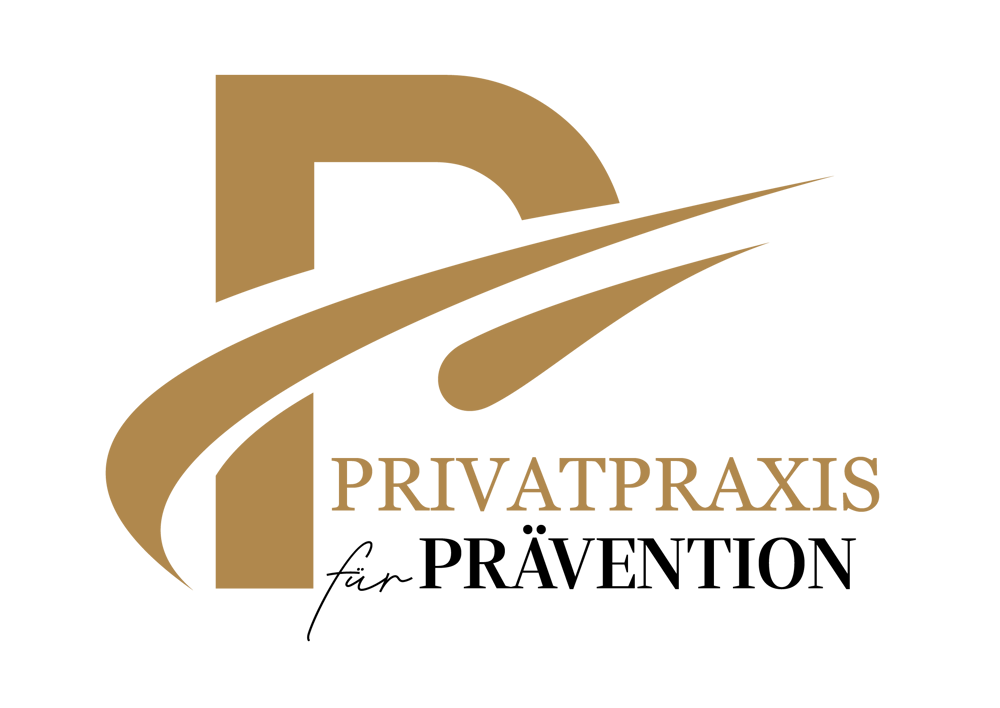 Goldenes "P" mit stilisierten Linien, darunter "PRIVATPRAXIS für PRÄVENTION" in Gold und Schwarz auf grünem Hintergrund.