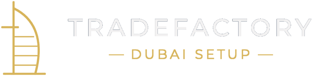 Tradefactory Dubai Setup logo, a stylised Burj Al Arab in navy and gold.