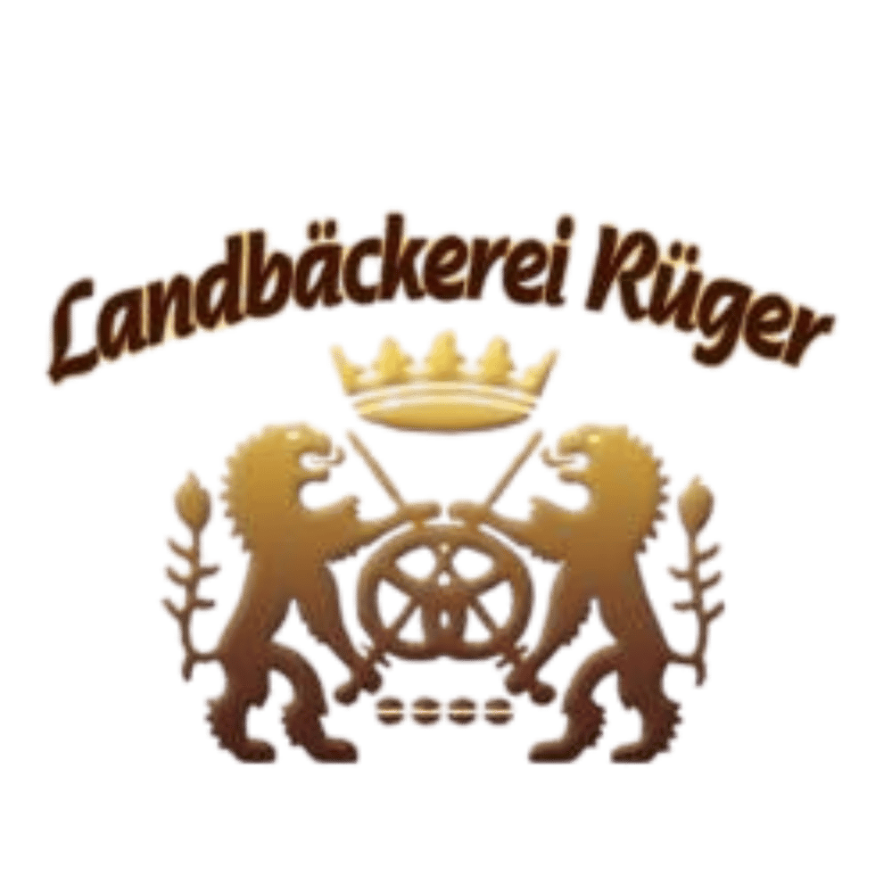 Braunes Logo mit goldener Krone, zwei Löwen halten ein Brezelrad, darüber Schriftzug "Landbäckerei Rüger".
