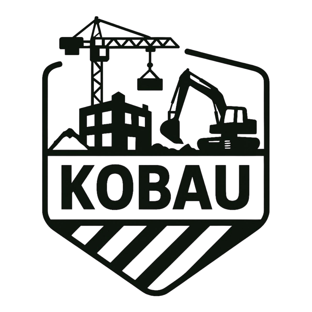 Schwarzes Logo mit Baukran, Bagger, Gebäude im Bau und dem Text "KOBAU" auf dunkelgrünem Hintergrund.