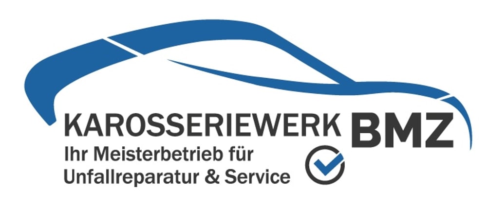 Blaues Autologo mit Schriftzug: Karosseriewerk BMZ, Ihr Meisterbetrieb für Unfallreparatur & Service