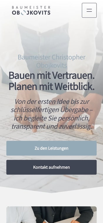 Website von Baumeister Obojkovits in der Handy-Ansicht