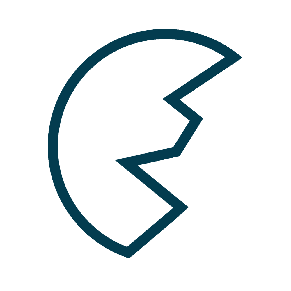 Eine unregelmäßig geformte blaue Linie bildet ein C mit einem gezackten, offenen rechten Rand auf dunkelgrünem Hintergrund.