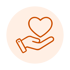 Eine orangefarbene Linienzeichnung einer Hand, über der ein Herz schwebt, auf einem hellbeigen Kreis.