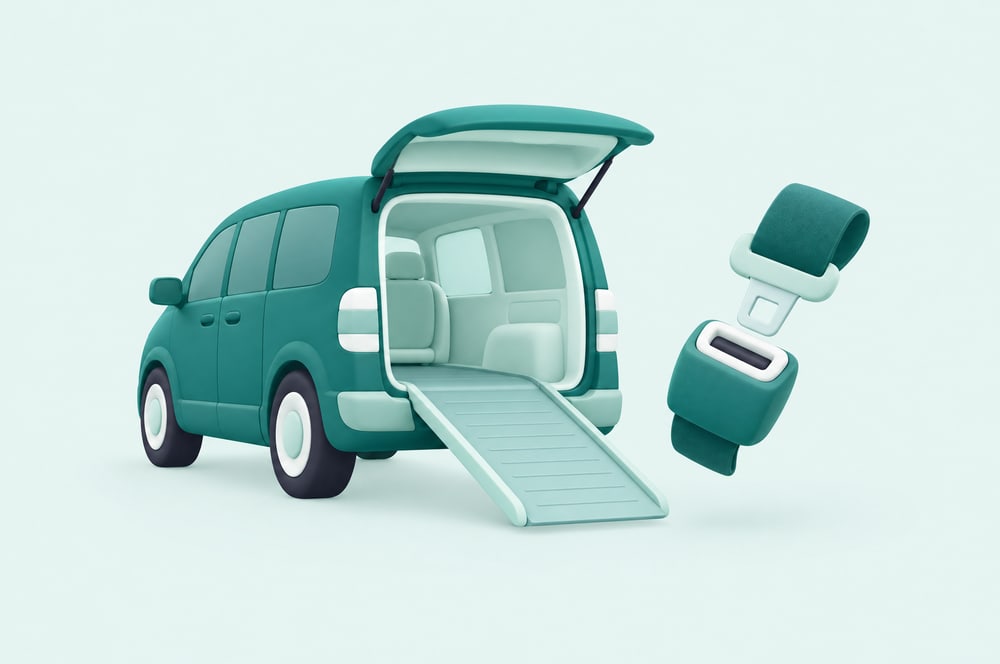 Illustration: Kleinbus mit Heckrampe und Gurtschloss