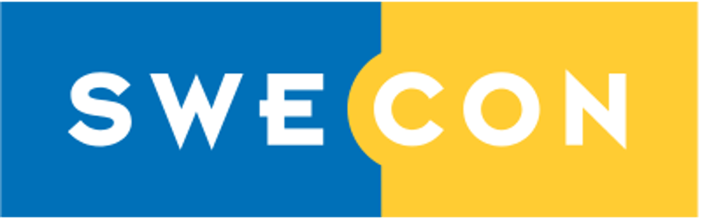 Blau-gelbes Logo mit weißem Text „SWECON“.