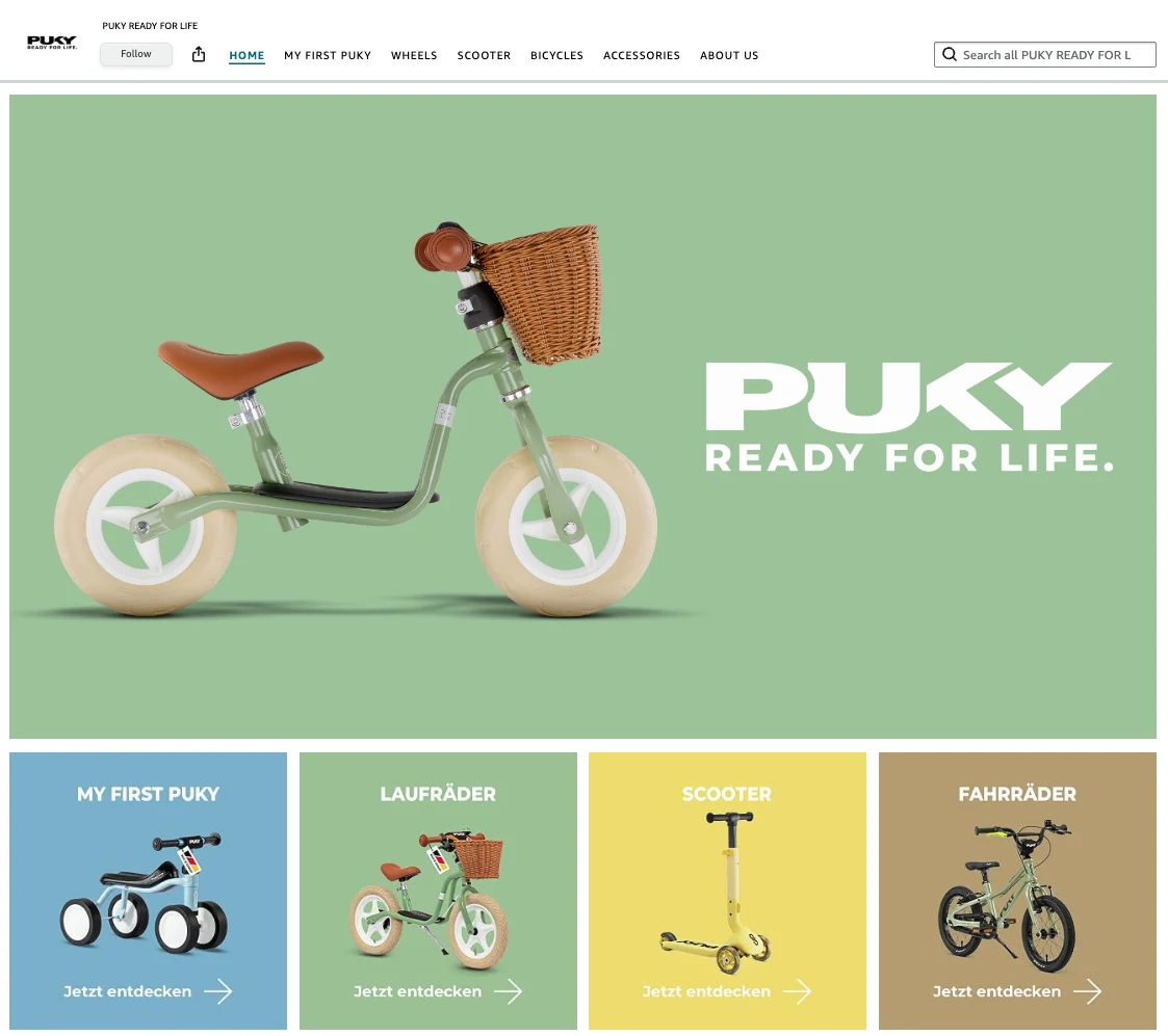 Amazon Brand Store von PUKY mit Video-Banner und vier Kategorie-Kacheln, umgesetzt von Soulutions