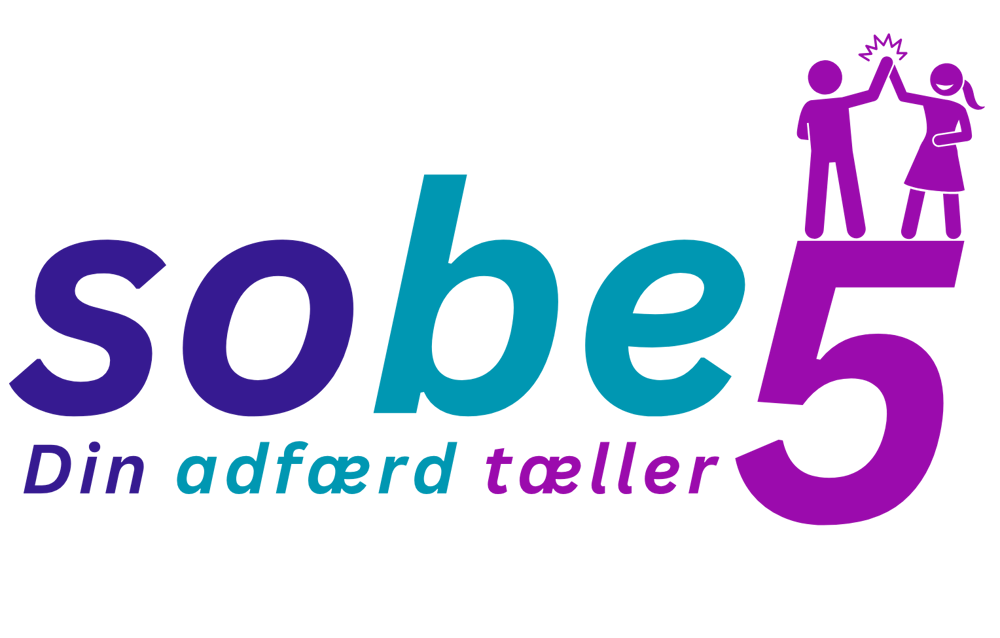 Logo "sobe5 Dein Verhalten zählt" mit lila und türkiser Schrift und zwei Personen, die sich auf der 5 die Hände reichen.