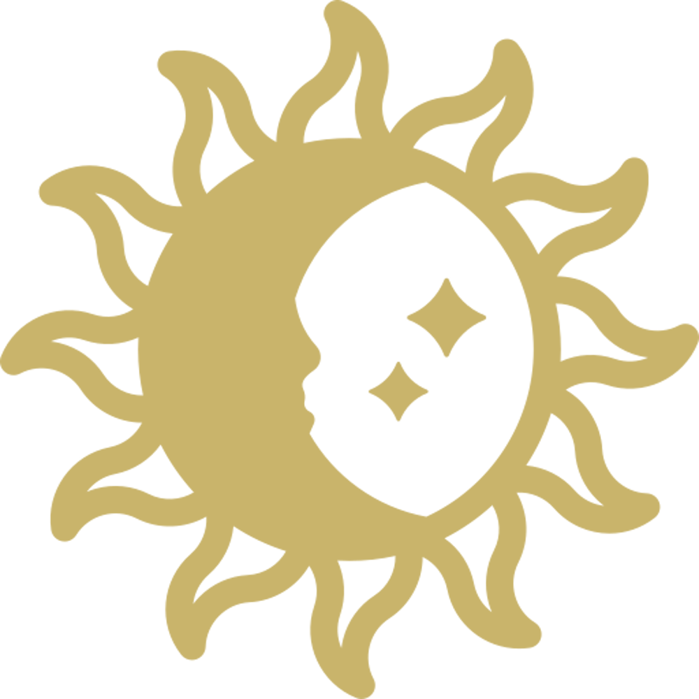 Goldene Sonne mit einer Mondsichel, die ein menschliches Profil und zwei Sterne zeigt.