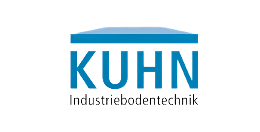 KUHN Industriebodentechnik Logo mit blauem Schriftzug und darüberliegendem blauen Rechteck.