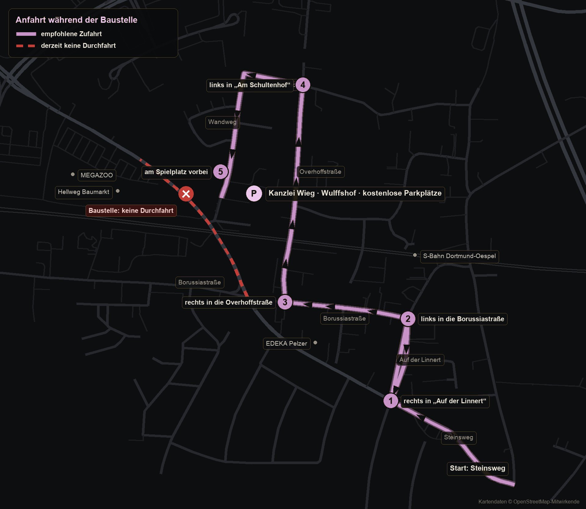 Karte mit der empfohlenen Zufahrt über Auf der Linnert, Borussiastraße, Overhoffstraße und Am Schultenhof zum Wulffshof