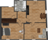 Grundriss der Wohnung 2 mit Bad, Küche/Essen, Abstellraum, Flur, Schlafen und Wohnen.