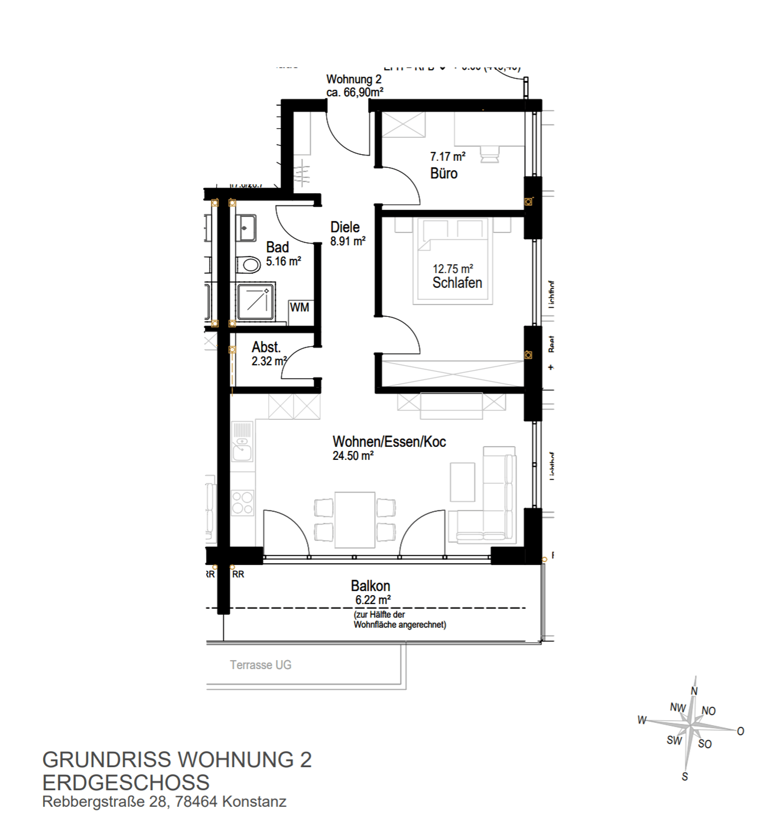 Grundriss Wohnung 2, 3 Zimmer, ca. 67 m²