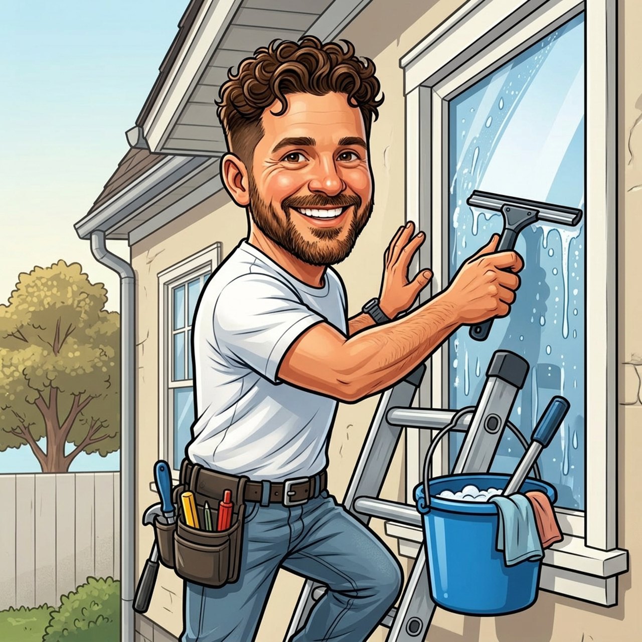Mann mit Bart putzt Fenster von außen mit Abzieher, steht auf Leiter neben Eimer mit Seifenwasser.