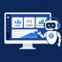 Ein Computerbildschirm mit Dashboards für Leads, E-Mails, Ergebnis und ein Chatbot mit Kopfhörer.
