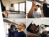 Vier Bilder zeigen Handwerker bei der Montage von Fensterrahmen und eine Werkzeugtasche mit Schraubendrehern.