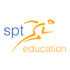 Blauer Text "spt" und orangefarbener Text "education" mit einer stilisierten Läuferfigur in Orange.