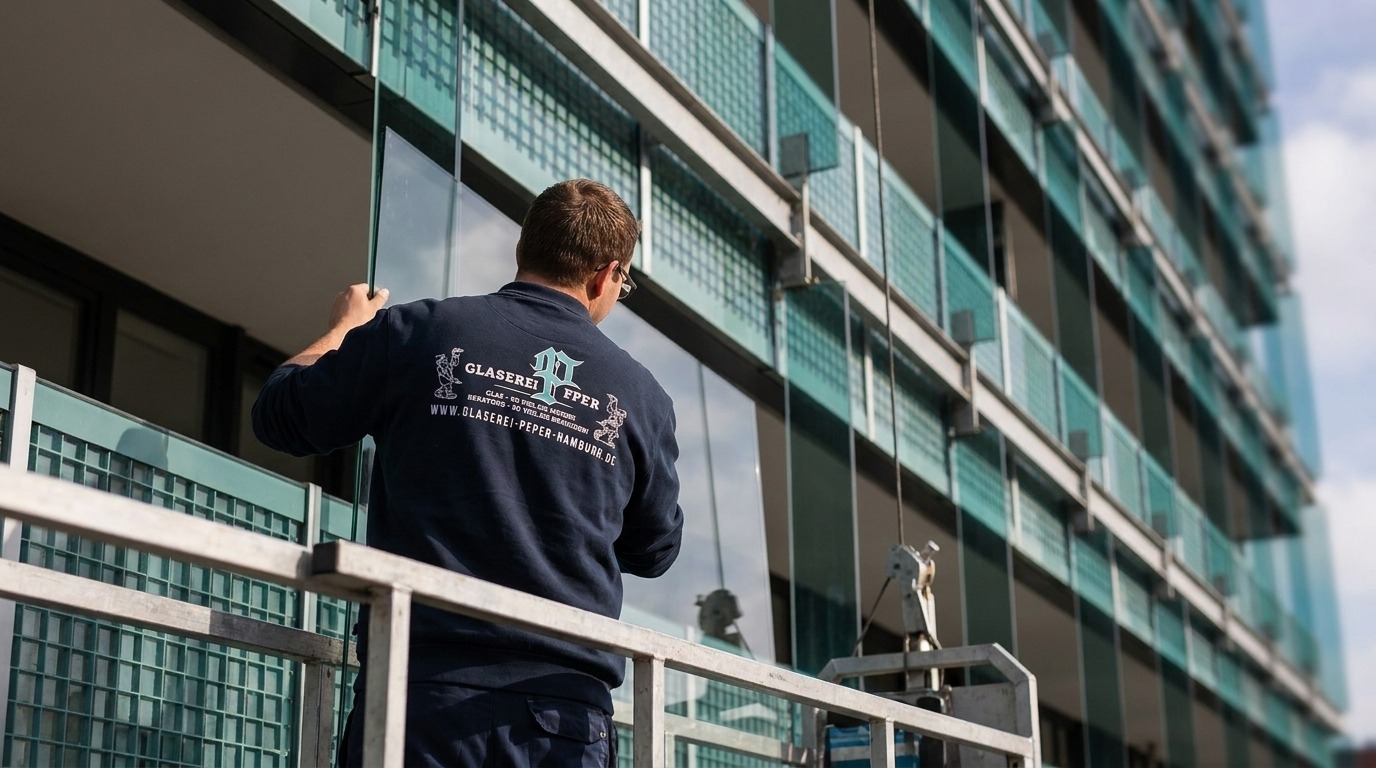 Monteur der Glaserei Peper montiert eine Glasscheibe an der Fassade eines Gebäudes