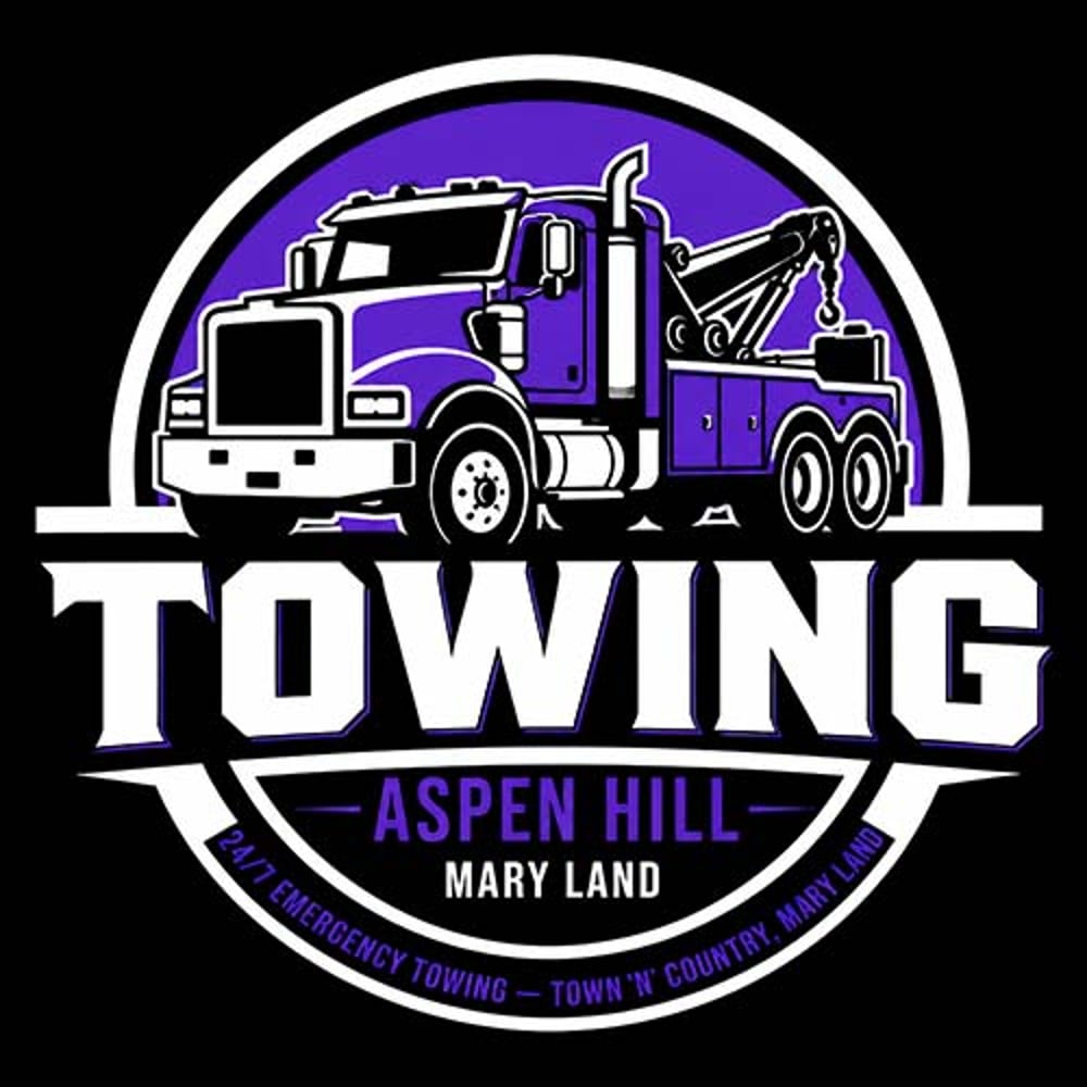 Purple and white tow truck with "TOWING Aspen Hill MARYLAND" and "24/7 EMERGENCY TOWING" text on a black background.
