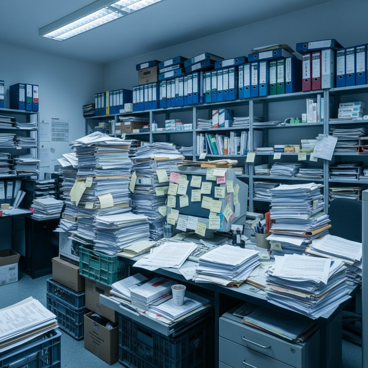 Chaotisches Backoffice mit Papierstapeln und Zetteln