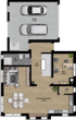 Grundriss des Erdgeschosses mit Garage, Bad, Flur, Büro, Speisekammer und Wohn-/Koch-/Essbereich.