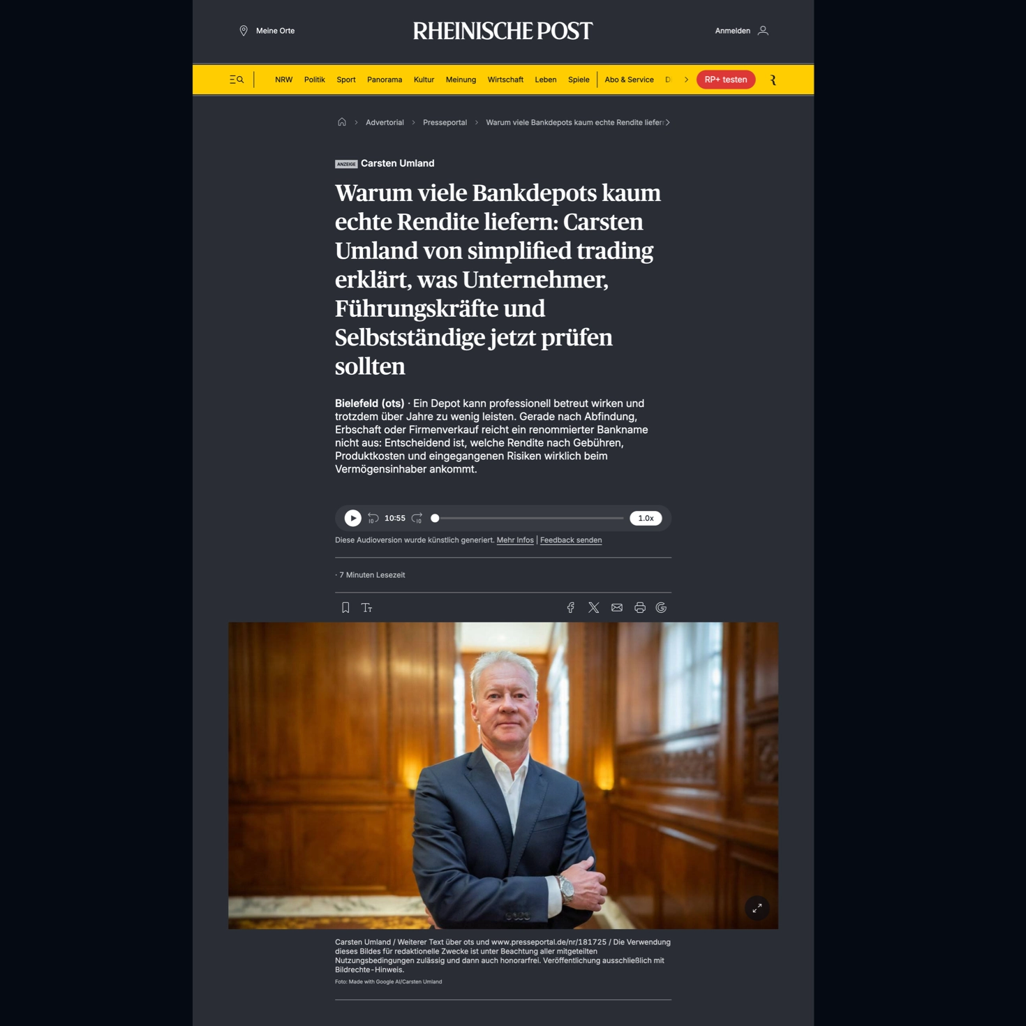 Screenshot des Artikels in der Rheinischen Post
