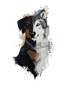 Zweigeteiltes Porträt eines schwarz-braunen Hundes mit Halskette und eines grau-weißen Wolfes vor schwarzem Hintergrund.
