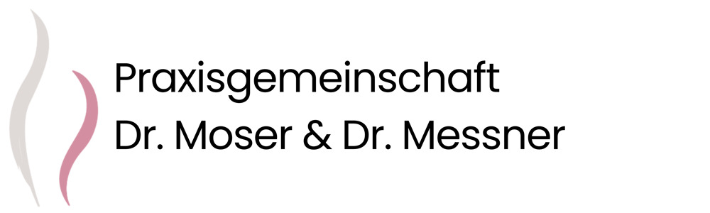 Praxisgemeinschaft Dr. Moser & Dr. Messner Logo mit zwei stilisierten, geschwungenen Formen in Hellgrau und Rosa.