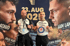 Zwei Boxer stehen vor einem Plakat mit der Aufschrift „23. AUG 202“ und Boxernamen wie „Rashid“ und „Ian Lang“.
