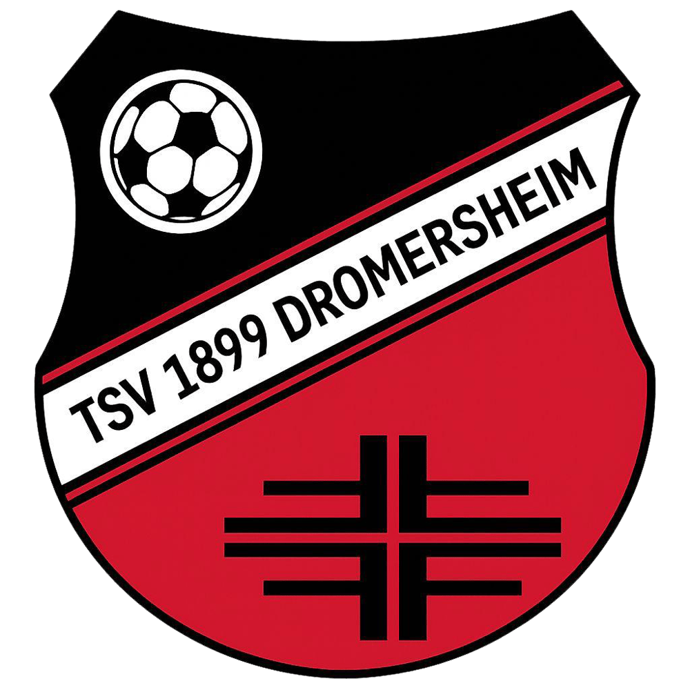 TSV 1899 Dromersheim Fußball-Logo mit schwarzem und rotem Schild, Fußball und stilisiertem Kreuz.