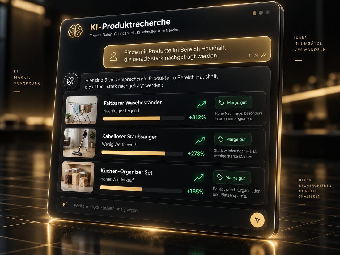 KI-Produktrecherche: Chat-Anfrage und drei vorgeschlagene Produkte mit Nachfrage-Trend
