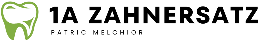 Grünes Zahn-Logo und schwarzer Text "1A ZAHNERSATZ PATRIC MELONIOR" auf dunkelgrünem Hintergrund.