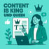 Eine Frau sitzt vor einem Laptop und zeigt auf ein Dokument mit einer Krone, umgeben von Elementen wie Daumen hoch, Sprechblase und einer Krone. Der Text „CONTENT IS KING UND QUEEN“ ist oben zu sehen.