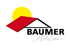 Von der Firma Baumer Holzbau: Logo mit stilisiertem Hausdach, gelber Sonne und handschriftlichem Schriftzug