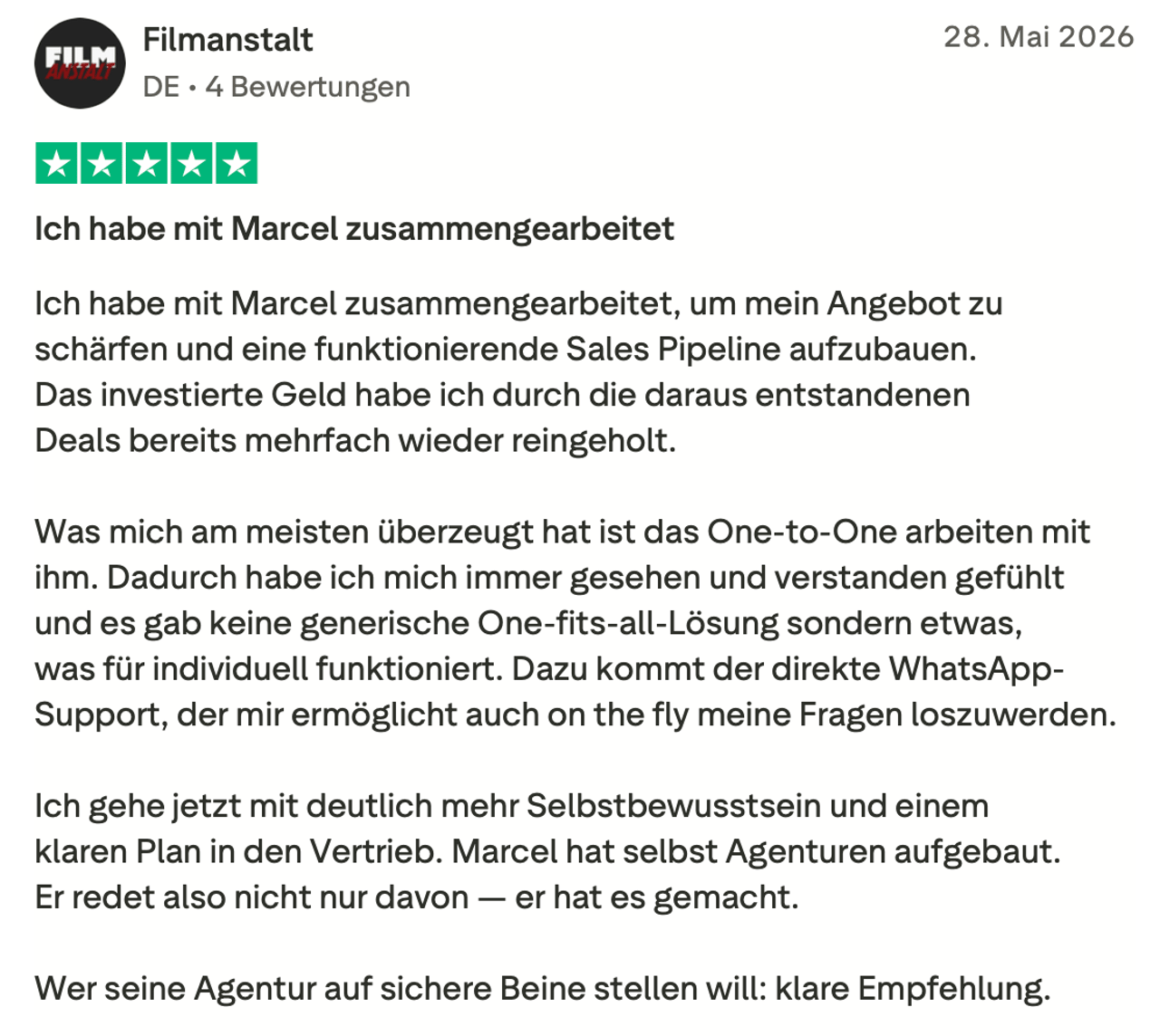 Trustpilot-Rezension von Filmanstalt