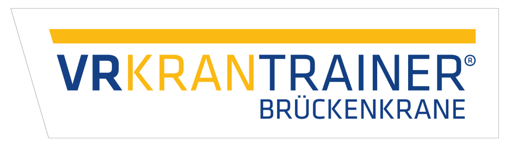 Das Logo "VRKRANTRAINER®" ist blau und gelb, mit einem gelben Balken darüber.