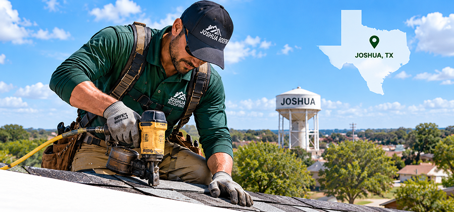 Roofing crew finishing a residential roof late in the day