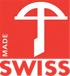 Rotes Logo mit weißem Symbol und den Wörtern „SWISS MADE“.