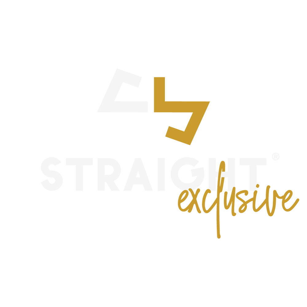 Logo mit weißem "STRAIGHT" und goldenem "exclusive" auf dunkelgrünem Hintergrund.