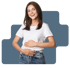 Smiling woman with hands on her stomach, promoting gut health and wellness.