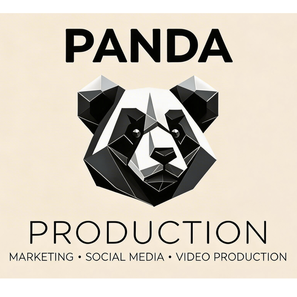 PANDA PRODUCTION Logo mit stilisiertem, polygonalem Pandakopf und Text "MARKETING • SOCIAL MEDIA • VIDEO PRODUCTION".