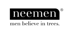 Neemen-Logo mit weißem Text auf schwarzem Hintergrund, darunter der schwarze Text „men believe in trees.“