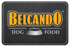 Belcando Dog Food Logo: Gelber „BELCANDO“-Schriftzug über einer grauen Futterschale mit „DOG FOOD“.