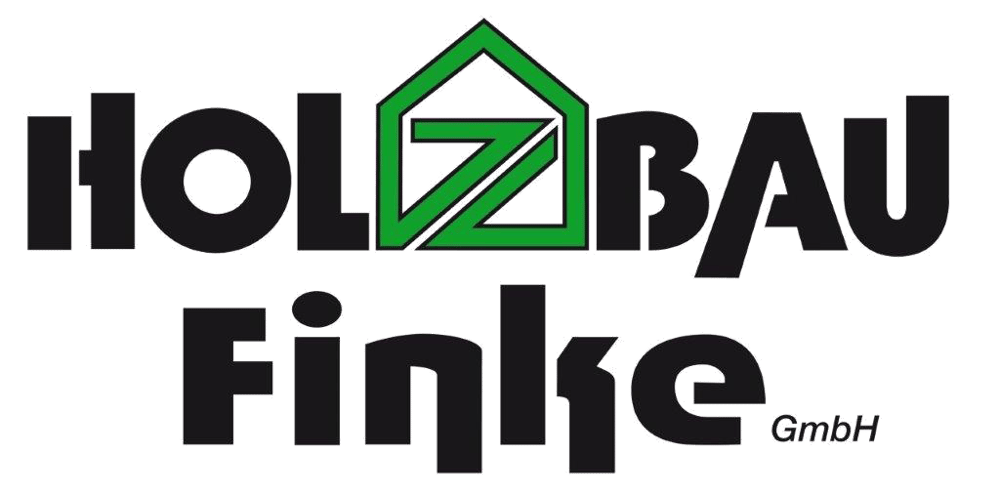 Schwarzer Text "HOLZ BAU Finke" mit einem grünen Haus-Symbol, das den Buchstaben "Z" in "HOLZ" ersetzt.